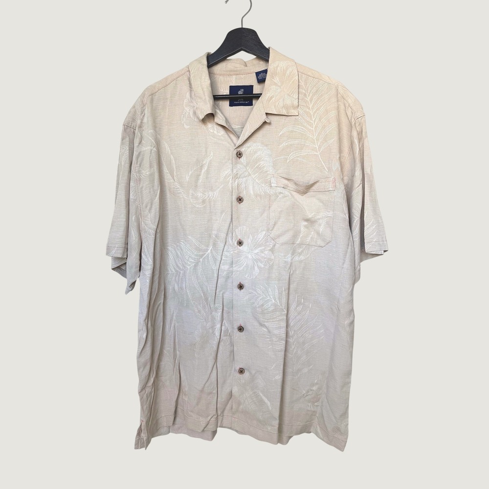 Mens 100% Silk Tropical Floral Beige Shirt Button Summer Airy Vacation Cruise XL